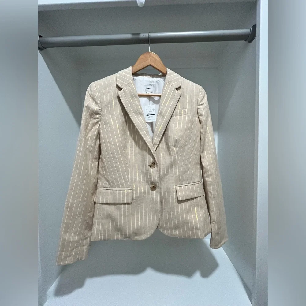 J. Crew Pinstripe linen-blend schoolboy blazer in Light Khaki Lurex Stripe 4 NEW - Picture 8 of 11
